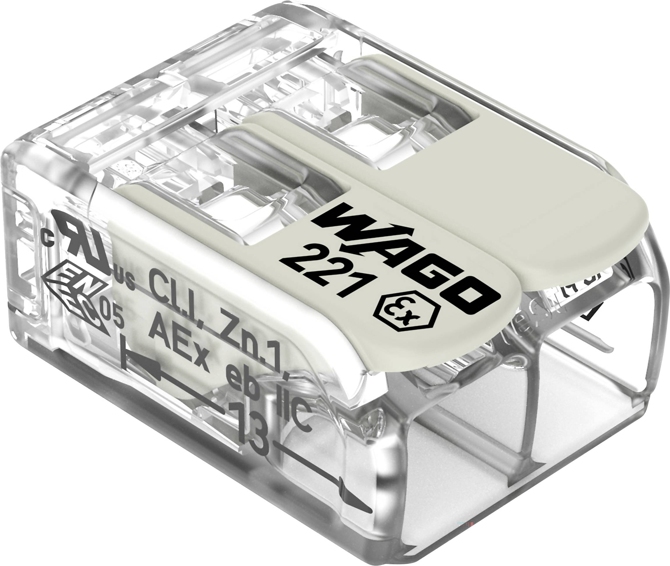Ein transparenter Verdrahtungsstecker mit der Bezeichnung „WAGO 221