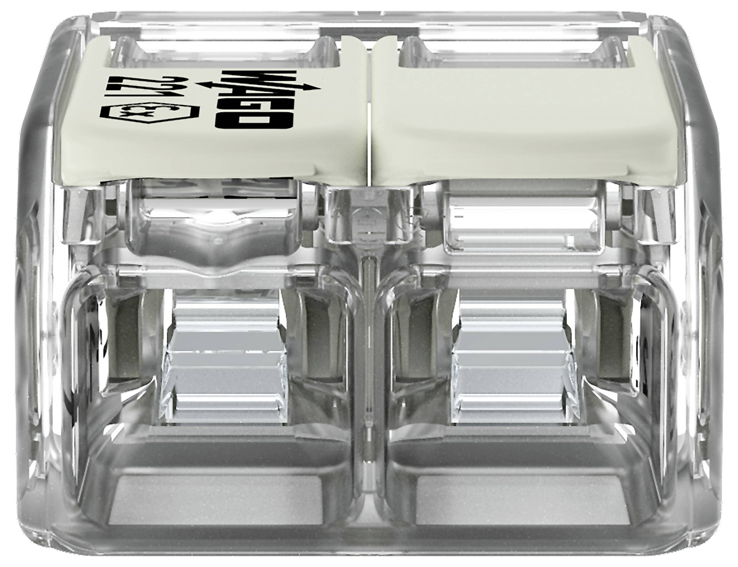 Ein transparenter Elektrodrahahschlussstecker mit vier Schlitzen zum Verbinden von Drähten. Verfügt über einen grauen Hebel zum Sichern der Verbindungen.