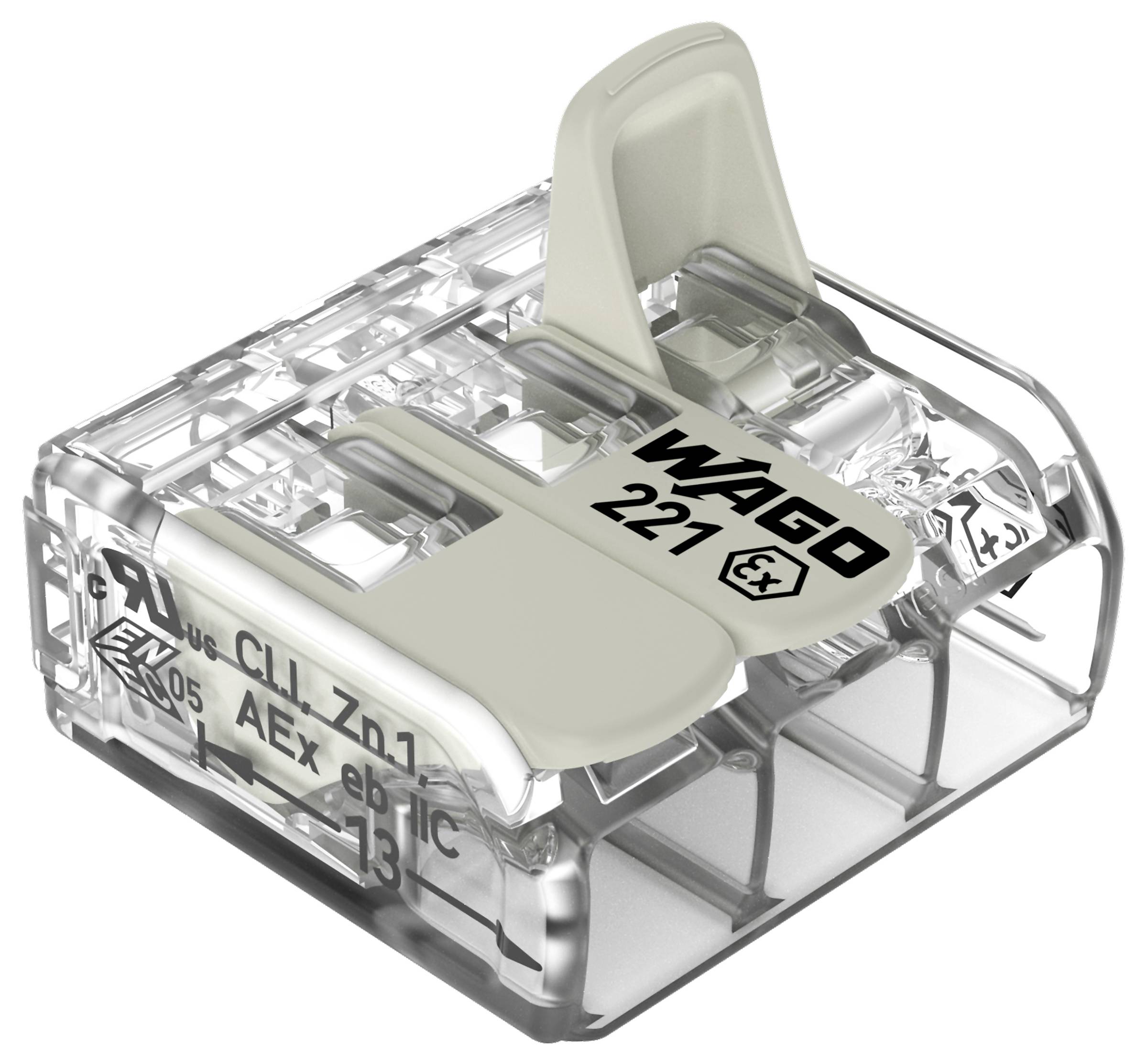 Ein transparentes Elektrosteckermodul mit grauem Hebel, beschriftet mit „WAGO 221