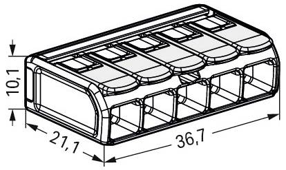 Eine technische Zeichnung eines sechsfach flachen Steckers mit den Maßen: 36,7 mm Länge, 21,1 mm Breite und 10,1 mm Höhe.
