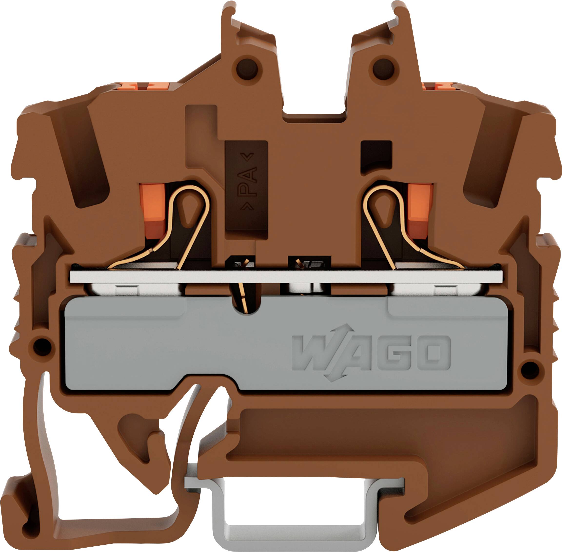Querschnitt eines braunen Elektro-Klemmblocks mit sichtbaren inneren Metallkomponenten und Verbindungspunkten. Das Wort 