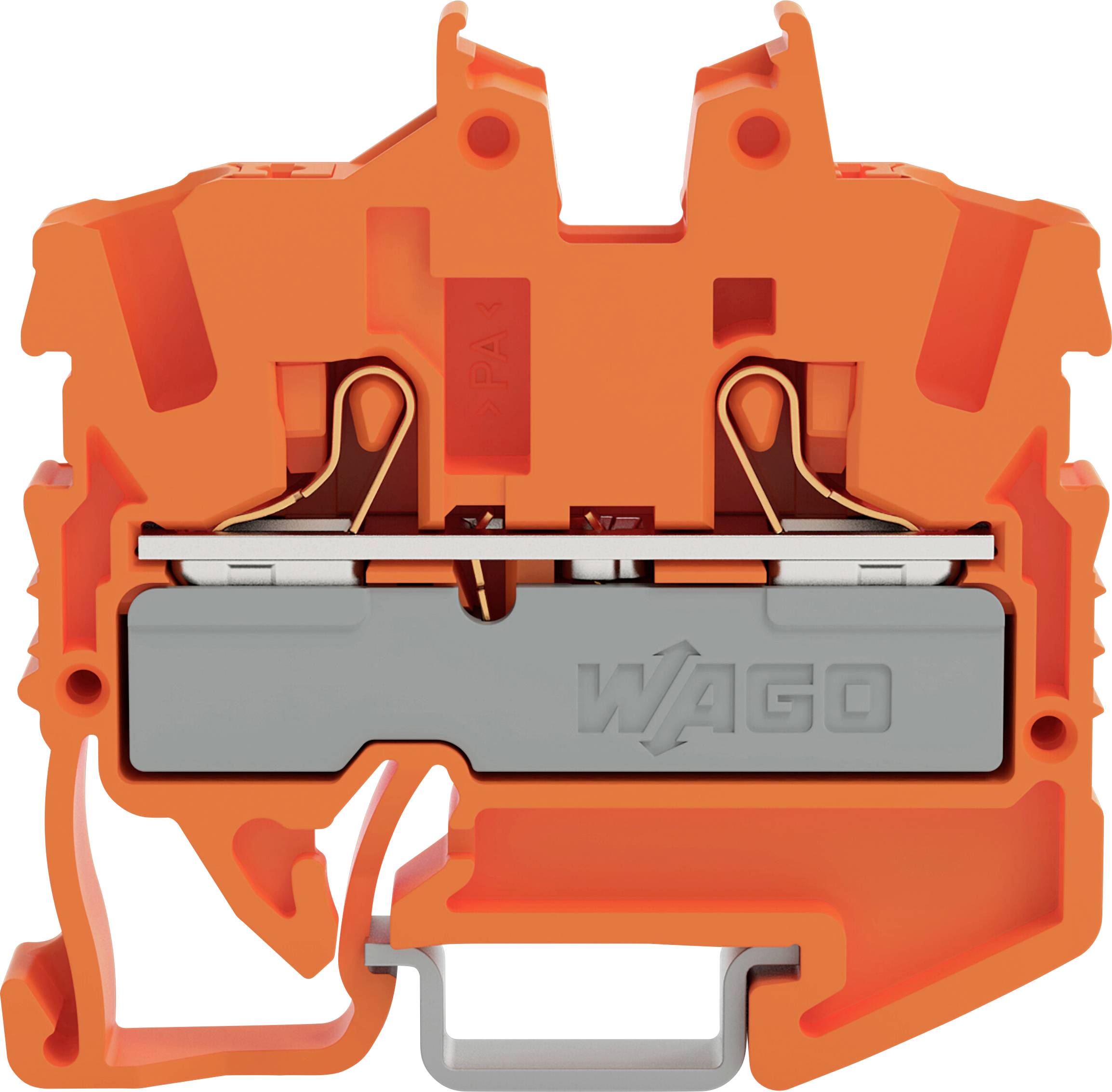 Ein orangefarbiges WAGO-Elektrobauteil mit sichtbaren Metallkontakten, das für Drahtverbindungen in elektrischen Installationen verwendet wird.