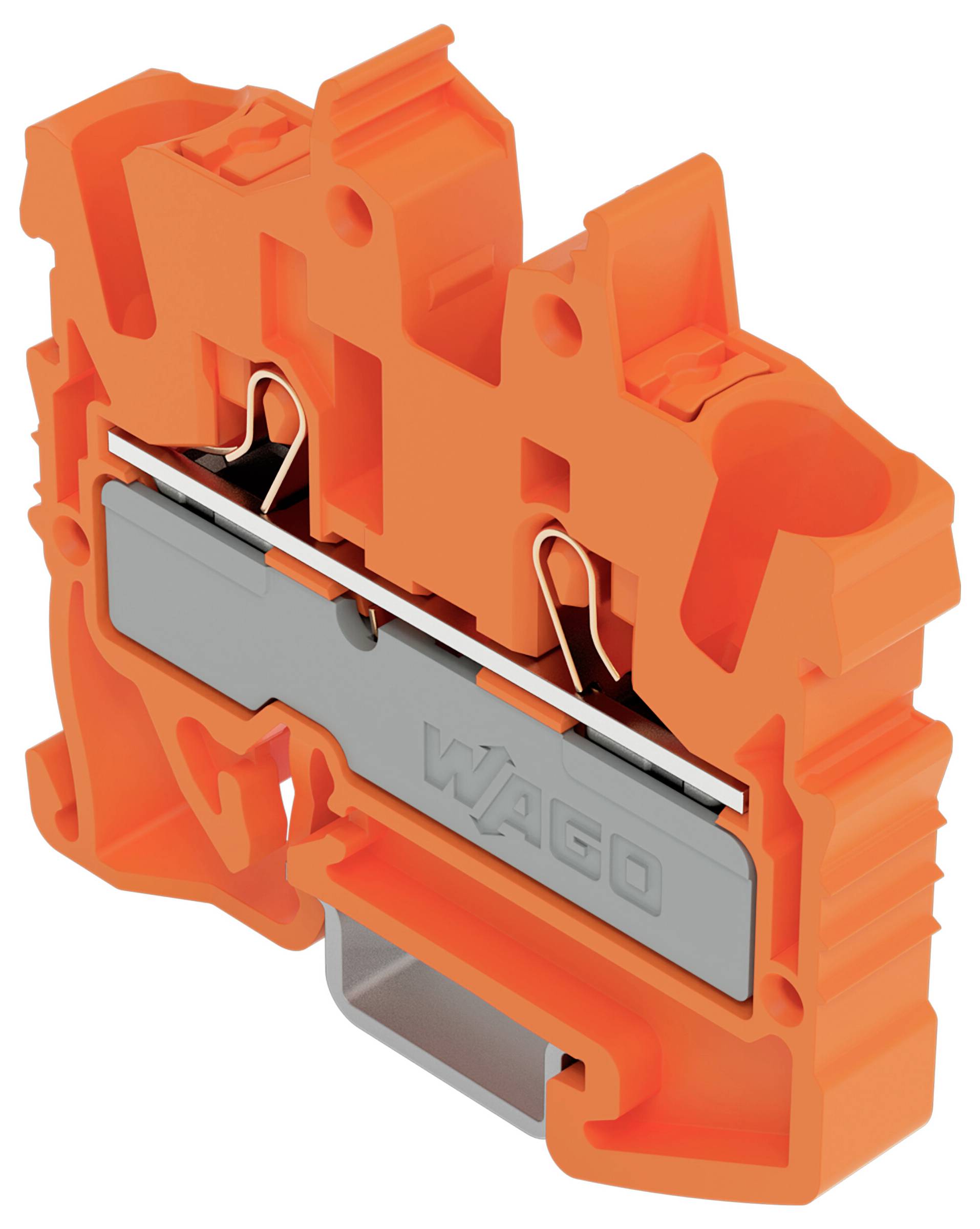Ein orangefarbener WAGO-Klemmenblock mit kompaktem Design und sichtbaren Metallkomponenten im Inneren, verwendet für elektrische Verbindungen.