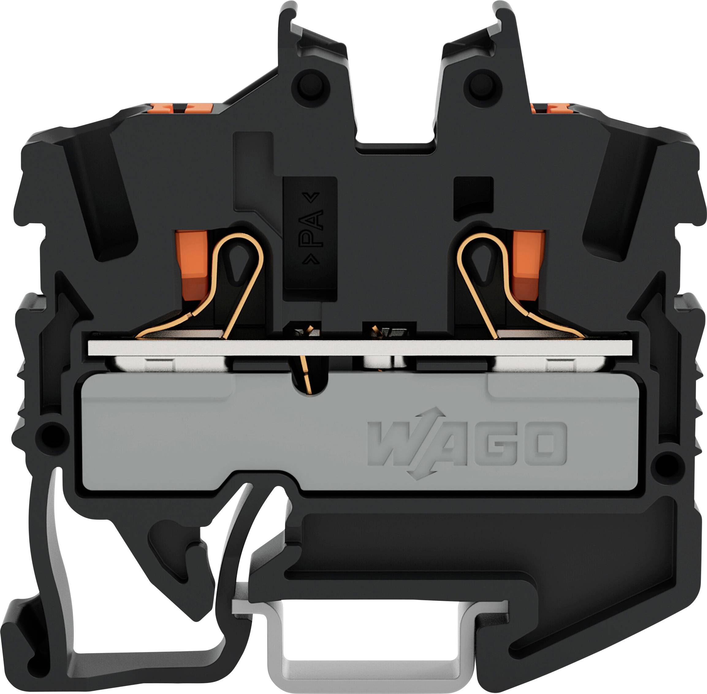 Schnittansicht eines WAGO-Klemmblocks mit internen Komponenten wie Klemmechanismen und Leitern für elektrische Verbindungen.