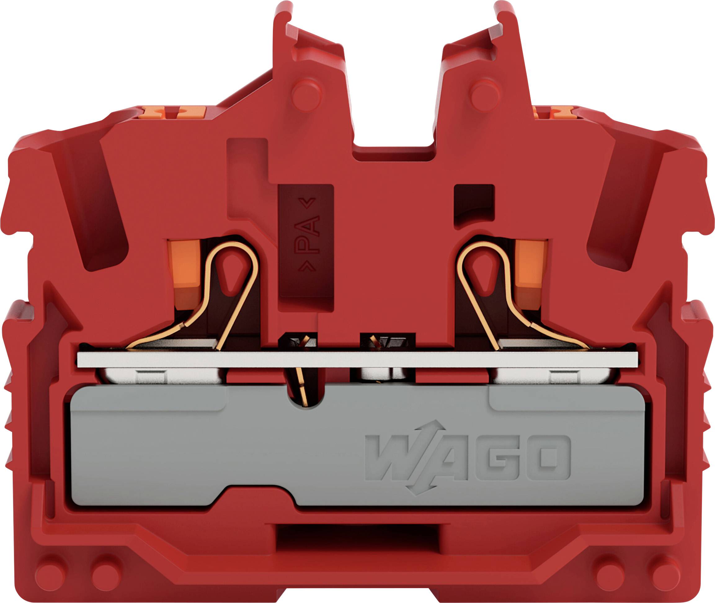 Rotes WAGO-Elektroklemmenblock mit Metallverbindungspunkten und WAGO-Logo, verwendet zum Sichern und Organisieren von Elektrokabeln.