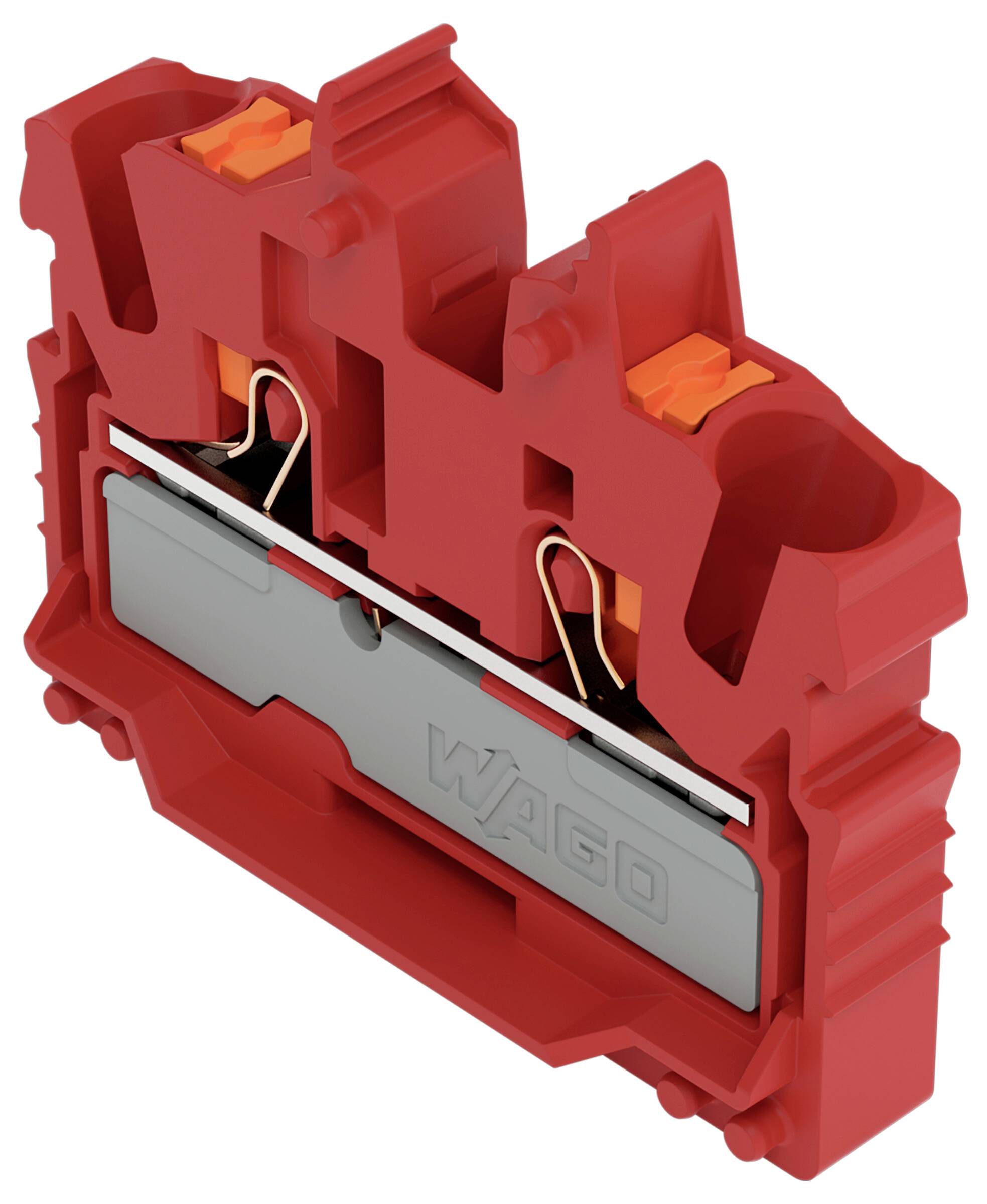 Ein roter elektrischer Klemmblock mit sichtbarer innerer Verdrahtung und Steckerkomponenten, wobei ein orangefarbener Spannmechanismus zu sehen ist.