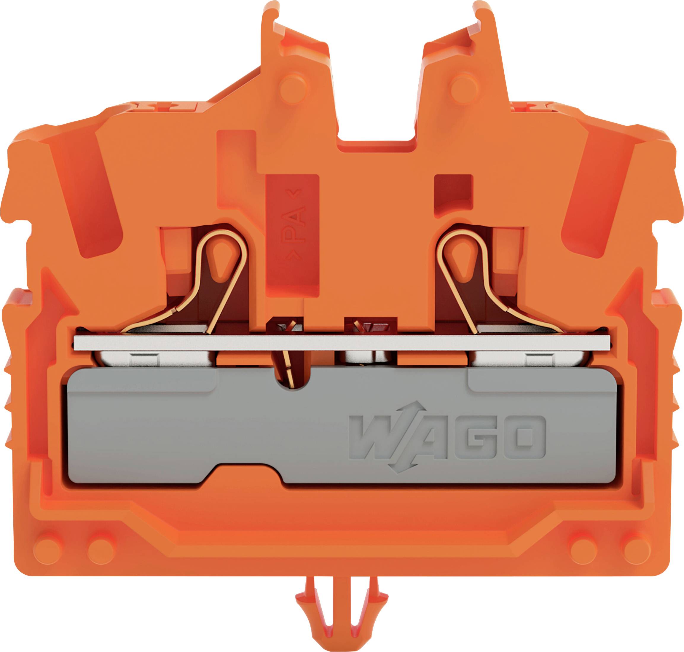 Oranger WAGO-Elektrostecker, Vorderansicht, zeigt interne Verkabelung und Anschlusspunkte, verwendet für sichere elektrische Verbindungen.