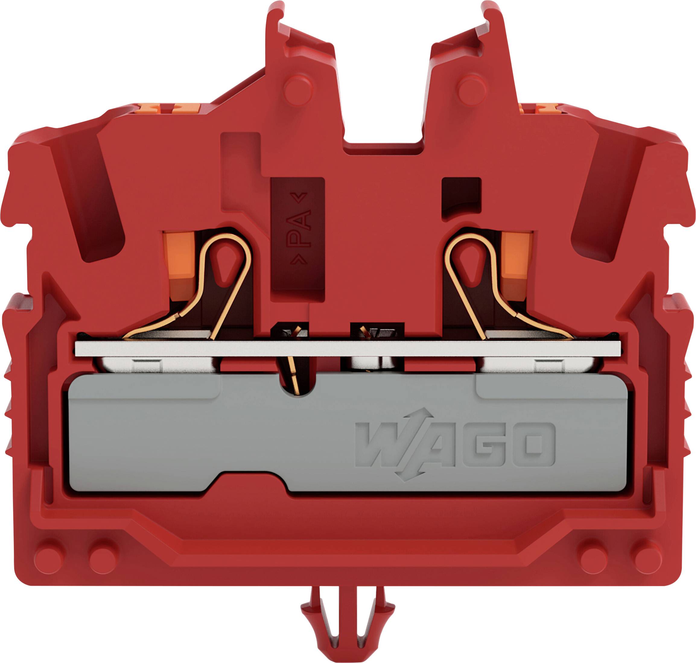 Ein rotes Klemmleistenbauteil mit sichtbaren inneren Komponenten für elektrische Verbindungen, gekennzeichnet mit 'PA' und 'WAGO'.