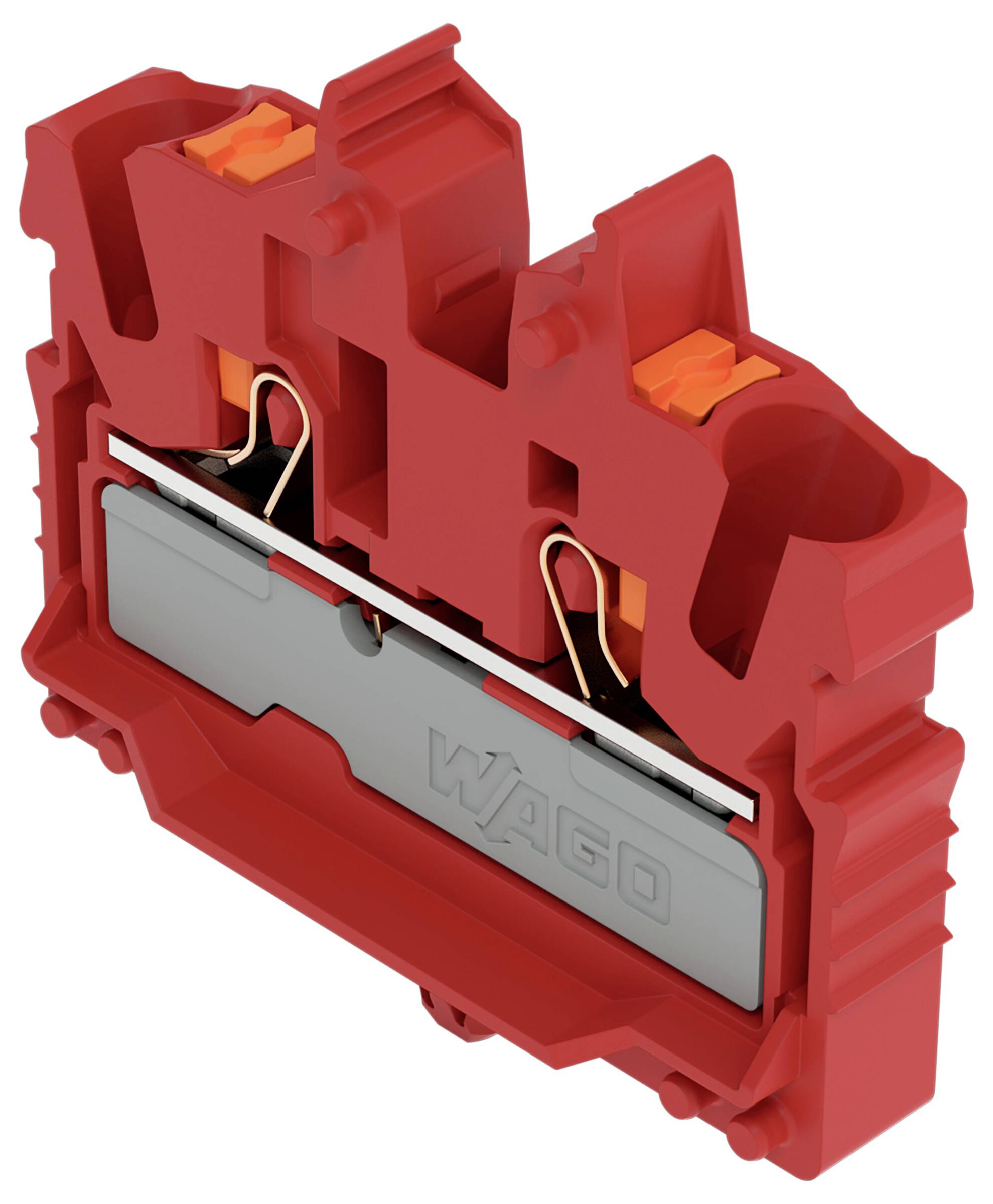 Ein rotes Electrical-Klemmenblock mit sichtbarer Verdrahtung im Inneren, gekennzeichnet mit dem Markennamen „WAGO