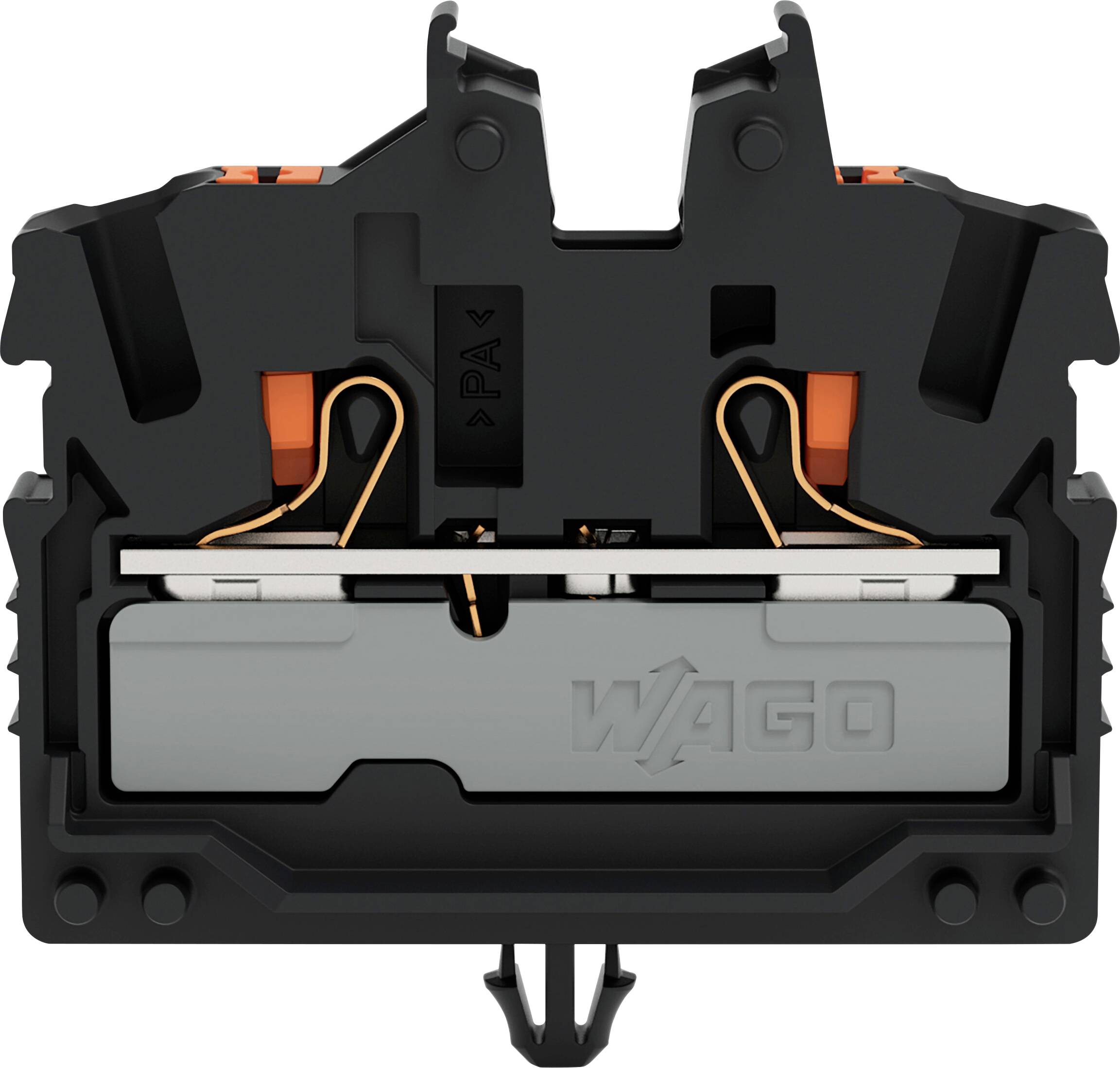 Eine Nahaufnahme einer schwarzen Elektroanschlussklemme mit sichtbaren Verdrahtungsverbindungen, entworfen für einfaches Einführen von Drähten und sichere Konnektivität.