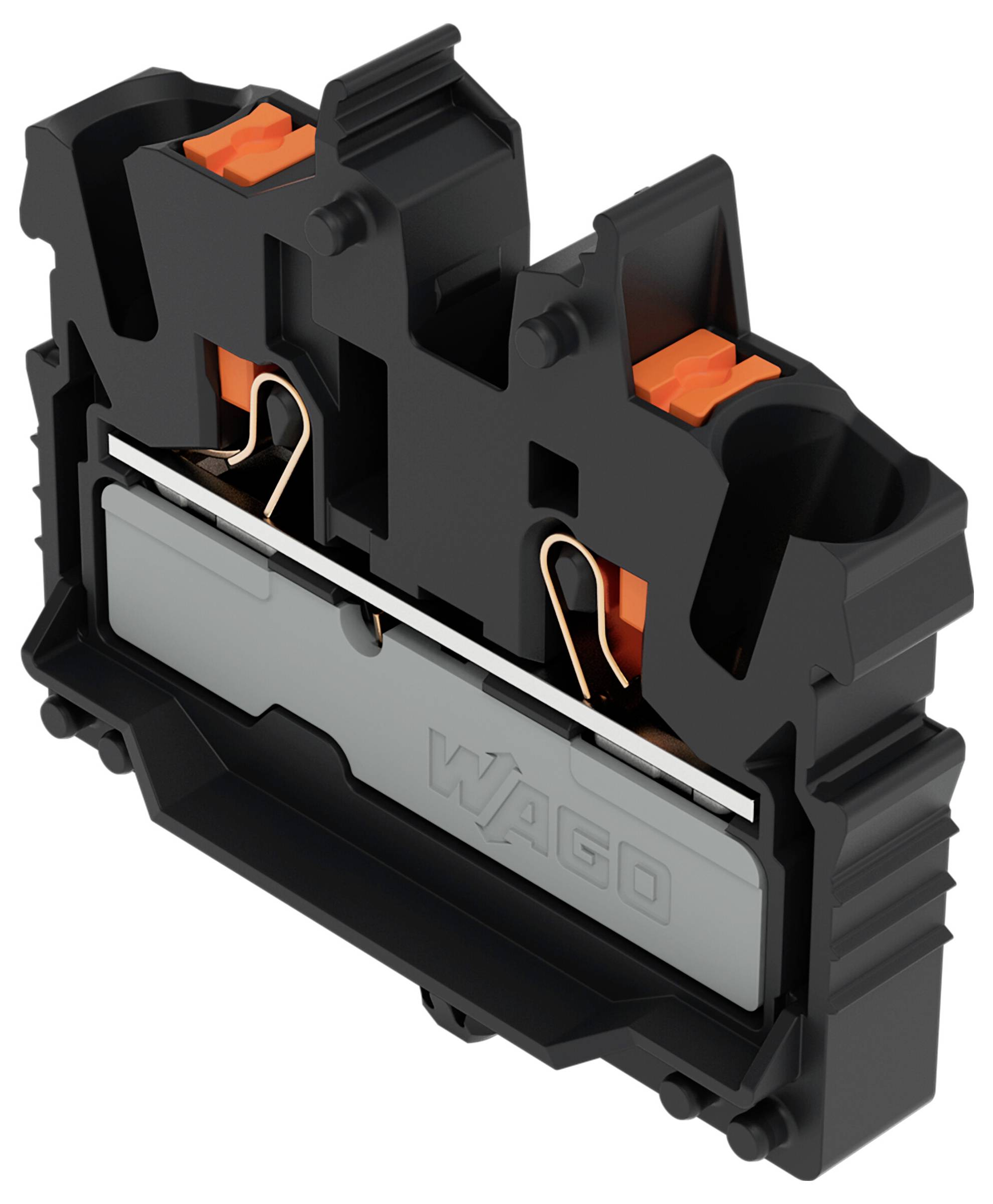 Ein schwarzer elektrischer Klemmblock mit orangefarbenen Anschlüssen und sichtbarem Wago-Logo. Er zeigt Metallkontakte und Schlitze für die Verdrahtung.