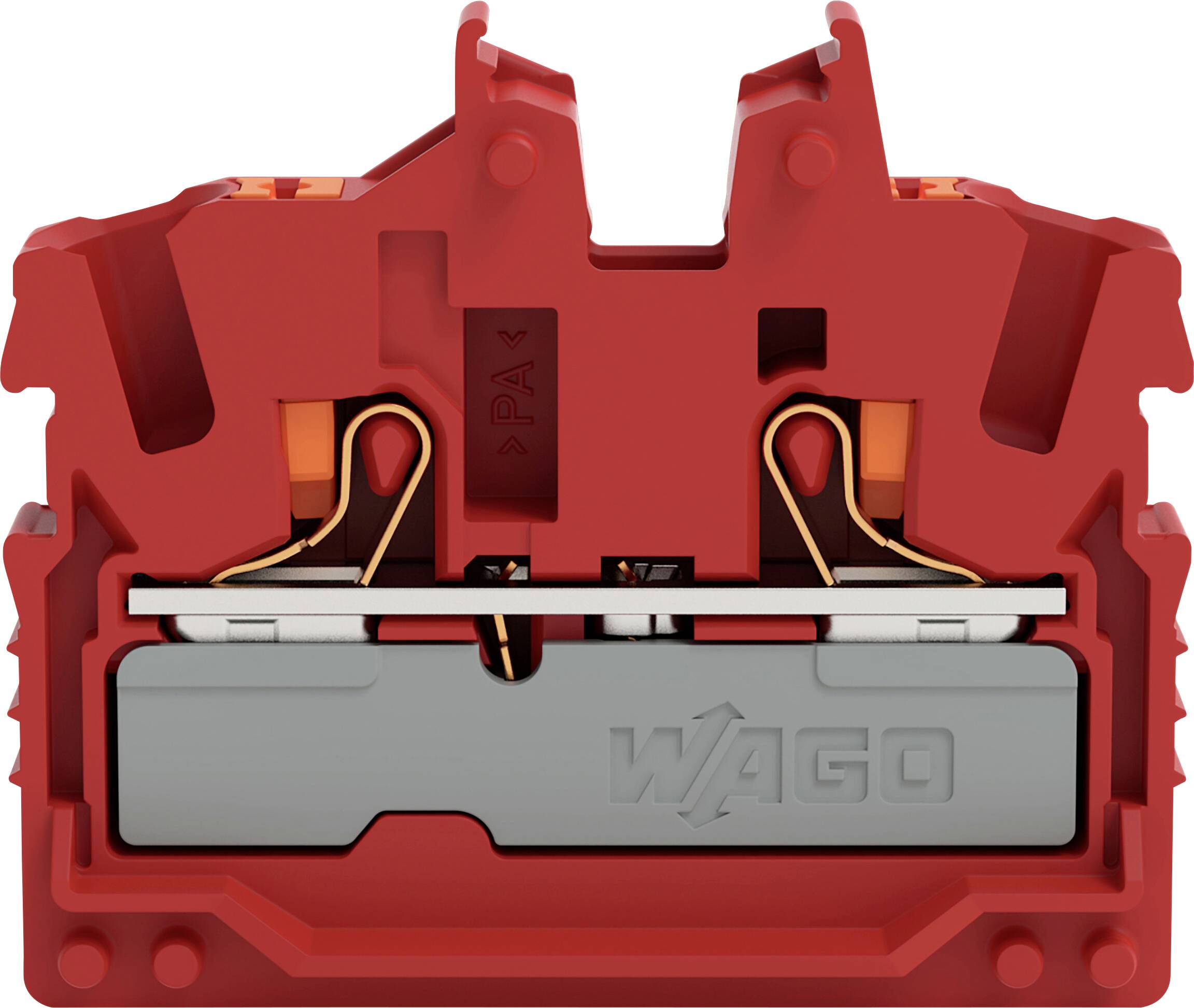 Ein rotes WAGO-Elektroklemmenblock, das den inneren Verbindungsmechanismus und die Drahteinführungspunkte zeigt.