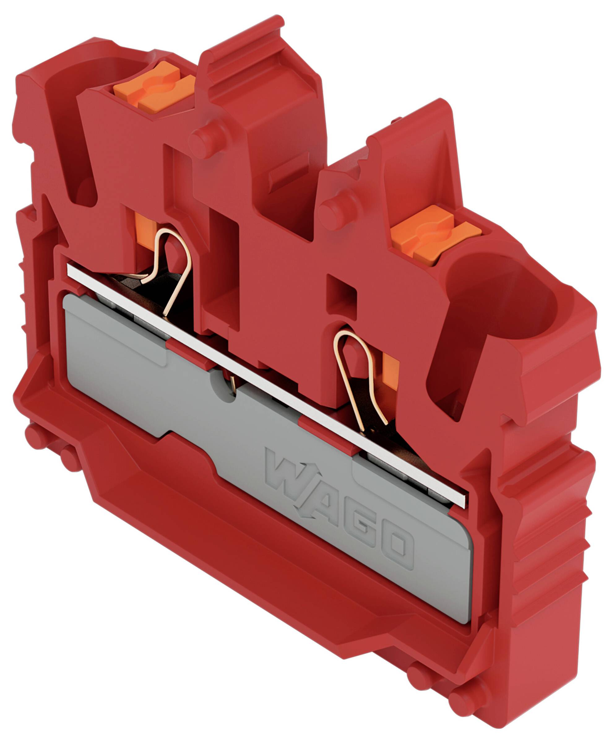 Rotes Elektroklemmenblock mit zwei eingeführten Drähten, gekennzeichnet durch ein zugängliches Design zum Verbinden und Sichern der elektrischen Verdrahtung.