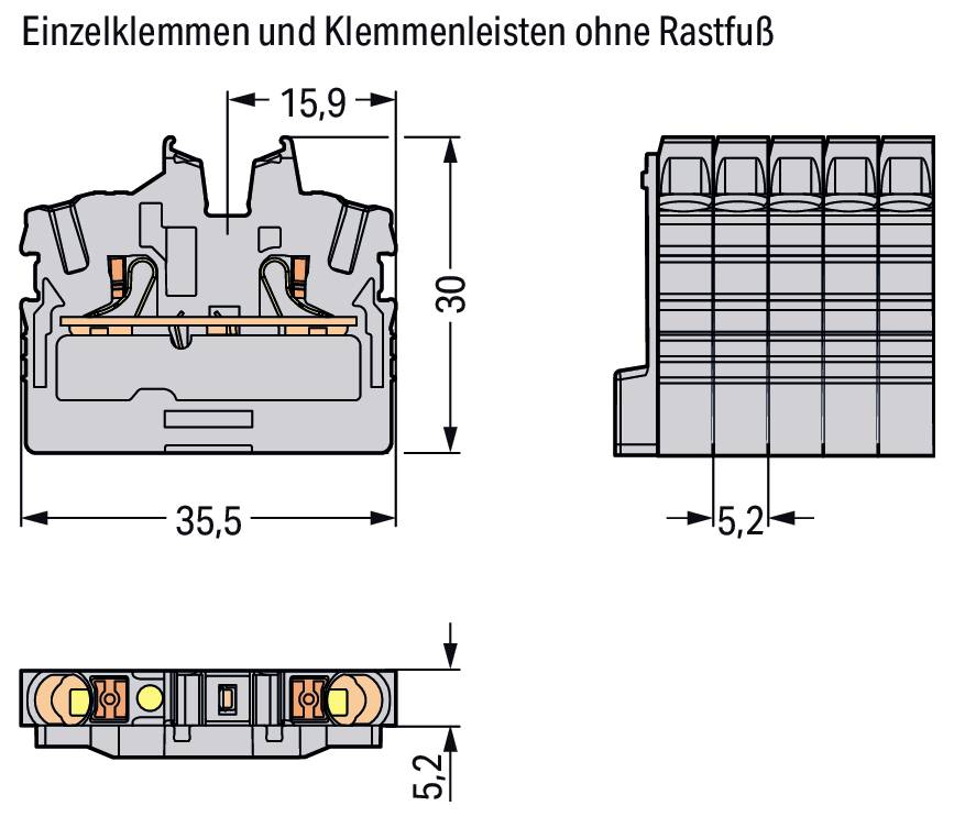 Technische Zeichnung mit den Abmessungen einer Steckerkomponente, mit verschiedenen Ansichten: Seitenansicht, Draufsicht und Schnittansicht. Enthält beschriftete Messwerte.