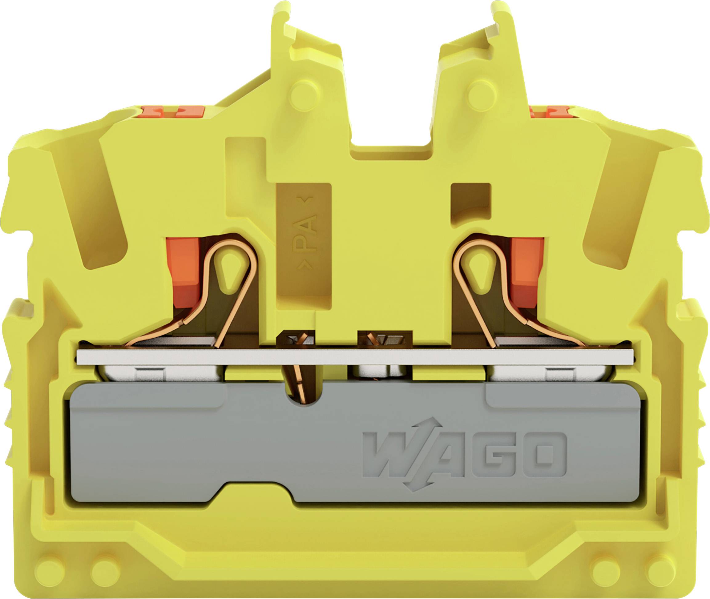 Ein gelbes Klemmleistenblock mit zwei Metalleitern wird gezeigt. Das Wort 'Wago' ist auf der Metallschiene sichtbar und zeigt die Marke an.