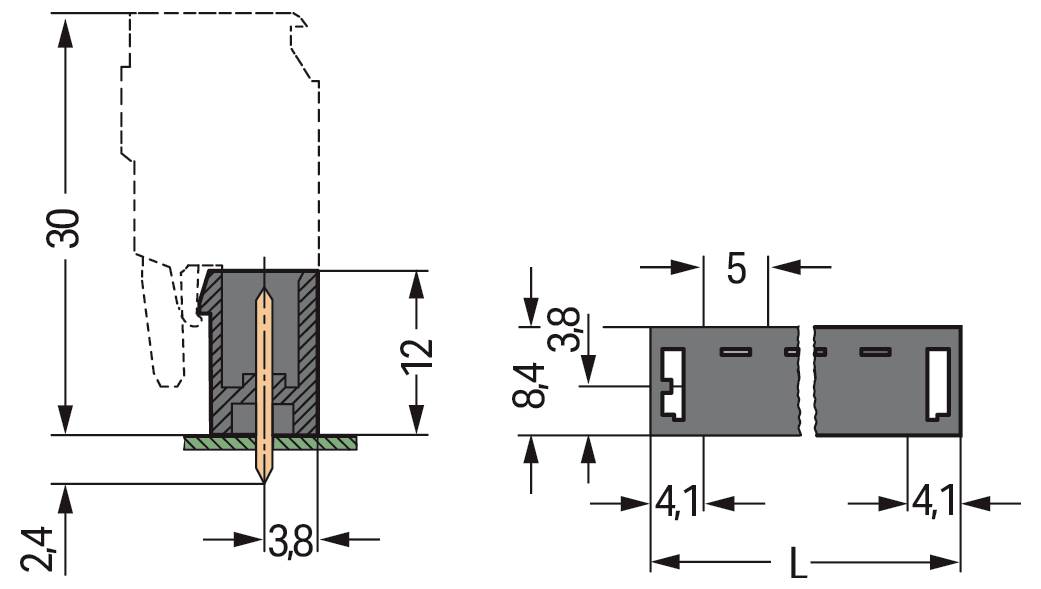 „Technisches Diagramm mit Steckermaßen: 30mm Höhe, 3,8mm Breite, mit detaillierten Seiten- und Draufsichten, einschließlich Stifte und Schlitze.