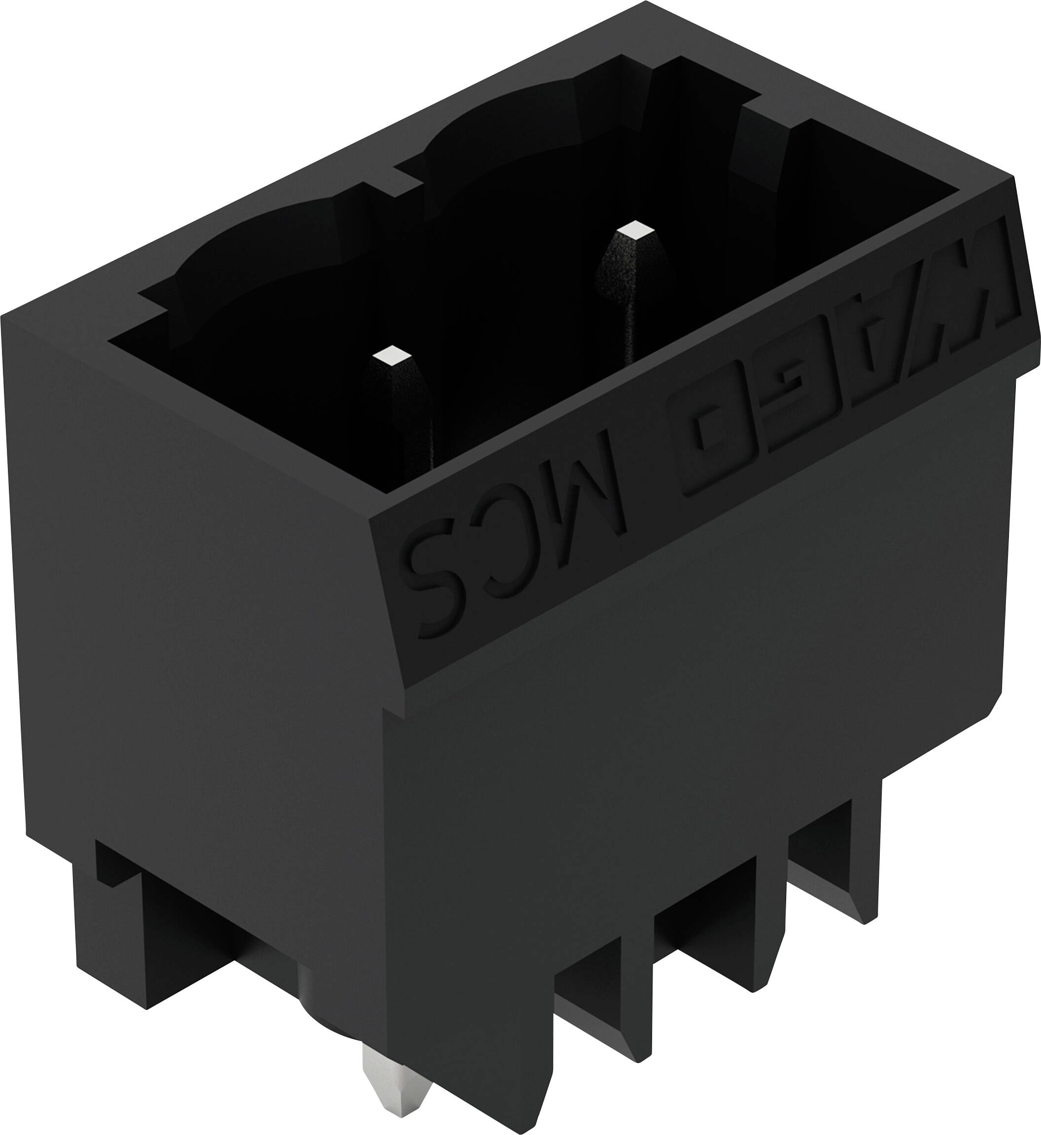 Ein schwarzer rechteckiger elektronischer Stecker mit mehreren Pins und geprägtem Etikett 'MC5'. Wird für elektrische oder Datenverbindungen in Geräten verwendet.