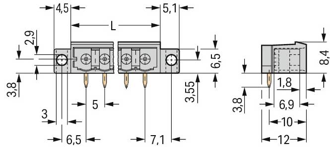 Technische Zeichnung einer elektronischen Komponente mit mehreren beschrifteten Abmessungen, die Anschlußstifte und detaillierte Seitenansichtsdimensionen zeigt.