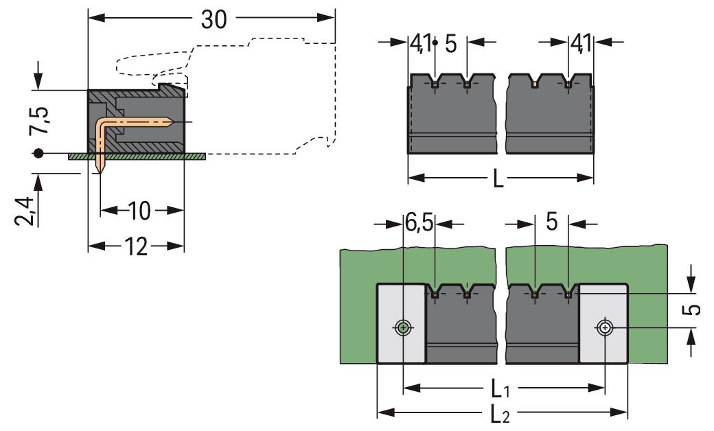 Technisches Diagramm mit zwei Abschnitten und Maßangaben. Linker Abschnitt: 30, 7,5, 2,4 Einheiten. Rechter Abschnitt: L, L2, 6,5, 5 Einheiten.