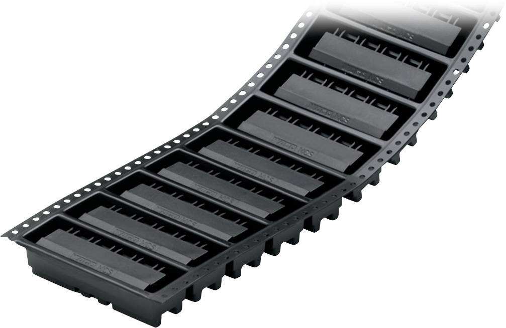 Ein schwarzes kunststoffiges elektronisches Komponentenfach mit mehreren Schlitzen, die jeweils einen kleinen rechteckigen Chip enthalten, folgt einer sanften Bogenform.