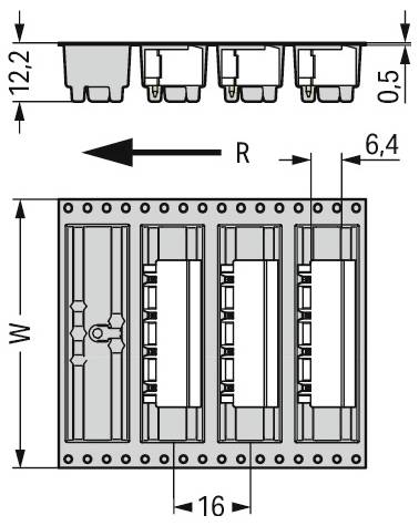 Diagramm eines elektrischen Steckers mit Abmessungen: Breite 63,5 mm, Höhe 29 mm, Tiefe 16,4 mm, mit zwei verschiedenen Ansichten.