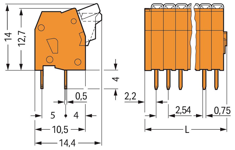 Diagramm einer elektrischen Komponente mit Abmessungen: Höhe 13,1 mm, Breite 2,5 mm, Länge 12 mm und Details zum Stiftabstand.