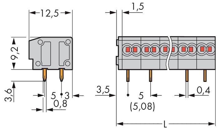 Technisches Diagramm einer elektronischen Komponente mit Abmessungen. Die Höhe beträgt 9,2 mm, die Breite 12,5 mm und der Pinabstand beträgt 5 mm.