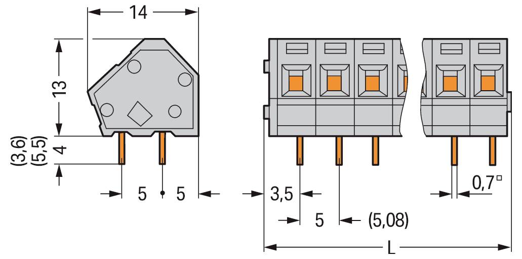 Diagramm eines Steckers mit Abmessungen: obere Breite 14, Höhe 13, Stiftabstand 5 und Rastermaß 5,08. Die Seitenansicht zeigt einen Stiftwinkel von 0,7 Grad.