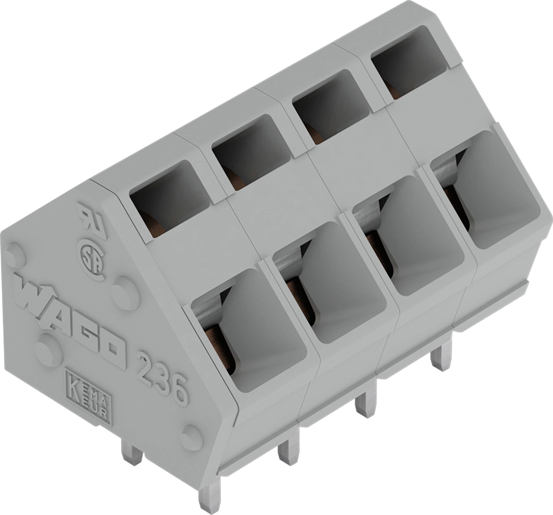 Ein grauer 5-poliger WAGO-Klemmblock mit abgewinkelten Öffnungen und der Beschriftung „WAGO 236