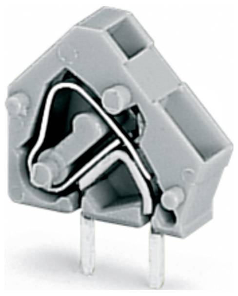 Ein graues Kunststoff-Elektronikbauteil mit zwei Metallstiften, das für Schaltungsverbindungen verwendet wird.