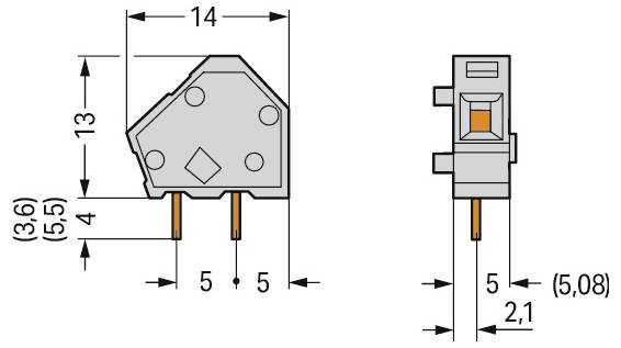 Diagramm einer elektronischen Komponente mit Abmessungen. Vorderansicht: Breite 14 mm, Höhe 13 mm. Seitenansicht: Tiefe 5,08 mm, Stiftlänge variiert von 3,6 mm bis 5,5 mm.