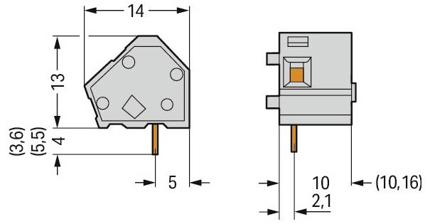 Diagramm einer T-förmigen elektronischen Komponente mit markierten Abmessungen: Breite 14mm, Höhe 13mm, Tiefe 5mm, zusätzliches Detail 10mm.
