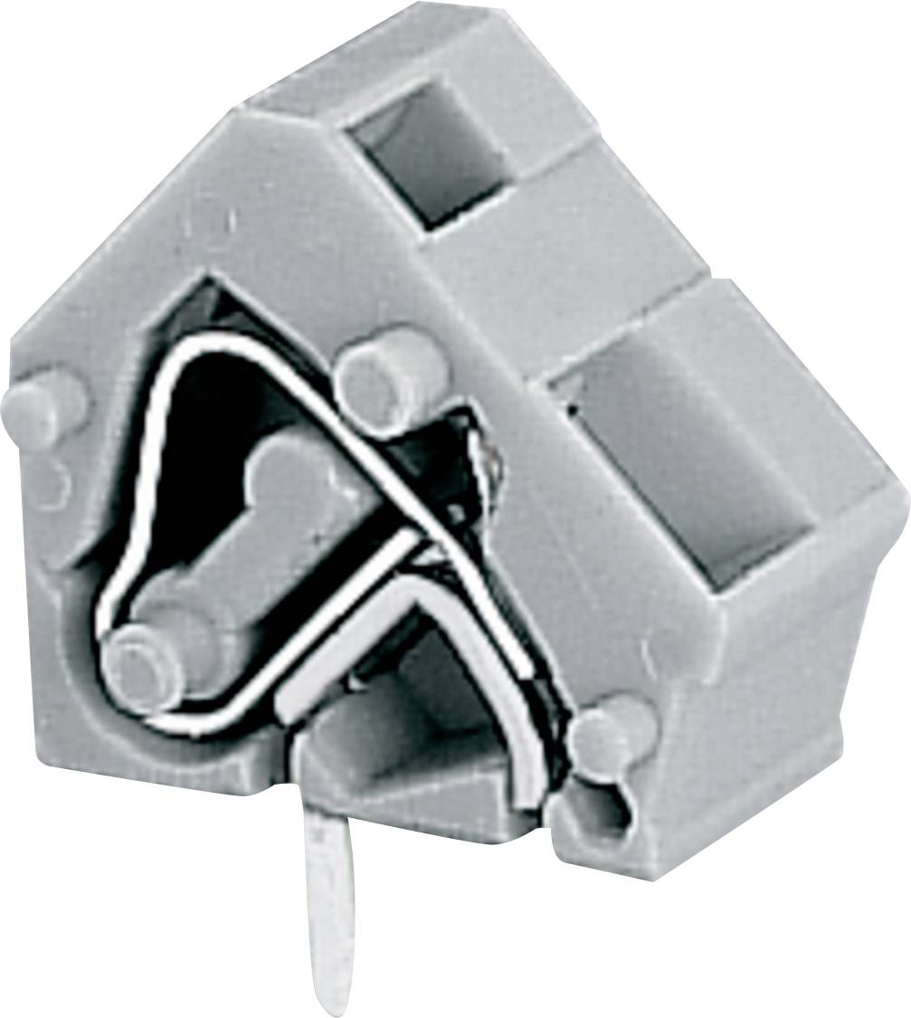 Ein grauer Kunststoff-Eckwinkel mit einer Metallbefestigung, typischerweise verwendet zum Sichern oder Ausrichten von Materialien im Bauwesen oder bei der Montage.