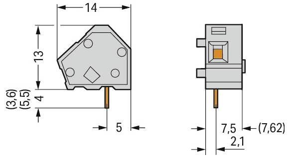 Technisches Diagramm mit den Abmessungen einer elektrischen Komponente: Höhe 13 mm, Breite 14 mm, Tiefe 4 mm, zusätzliche Maße 5 mm, 7,5 mm, 7,62 mm, 2,1 mm.