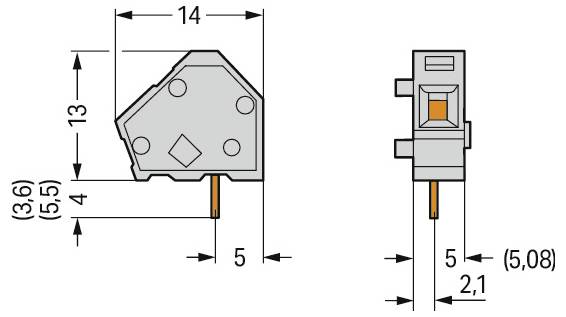 „Diagramm, das die Abmessungen eines Steckverbinders zeigt: Breite 14 mm, Höhe 13 mm und weitere gekennzeichnete Maße in Millimetern.