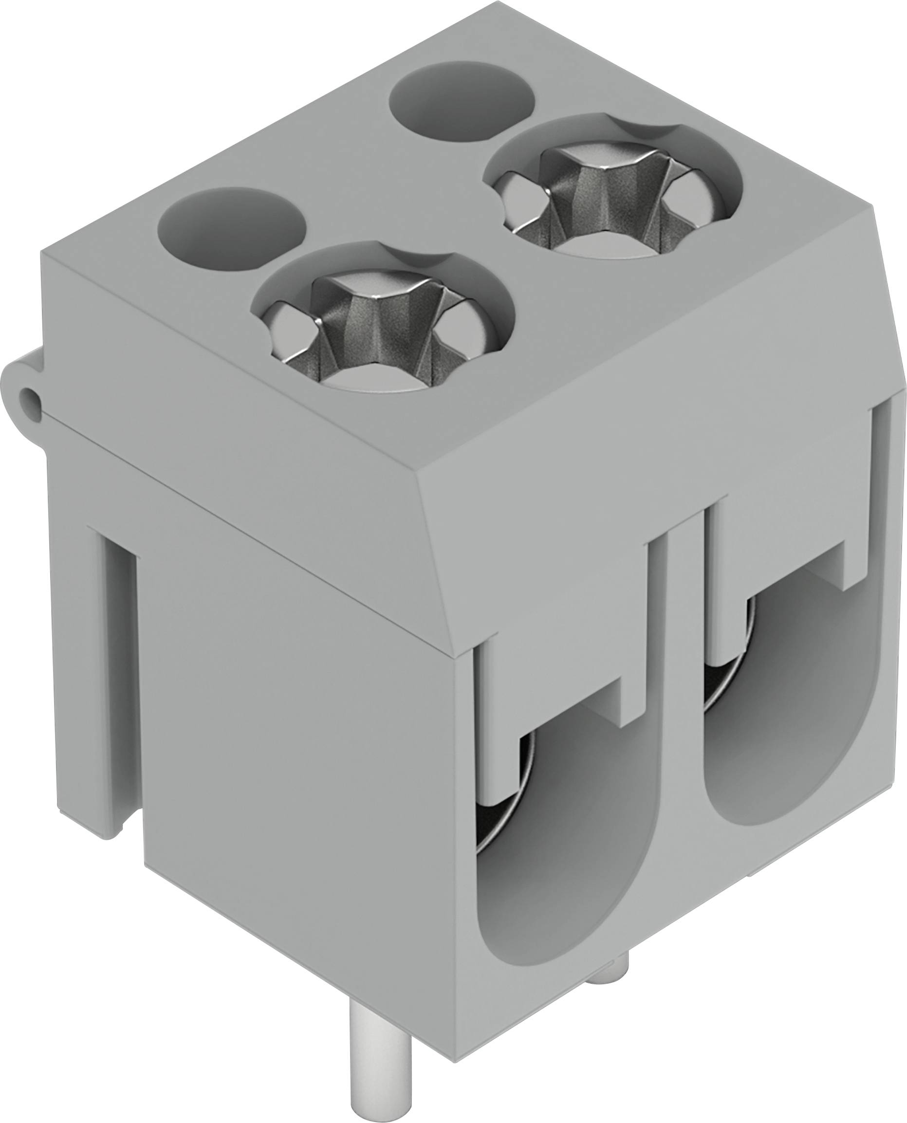 Ein grauer, rechteckiger Elektrostecker mit zwei Buchsenöffnungen und Metallkontakten, konzipiert zur Leiterplattenmontage.