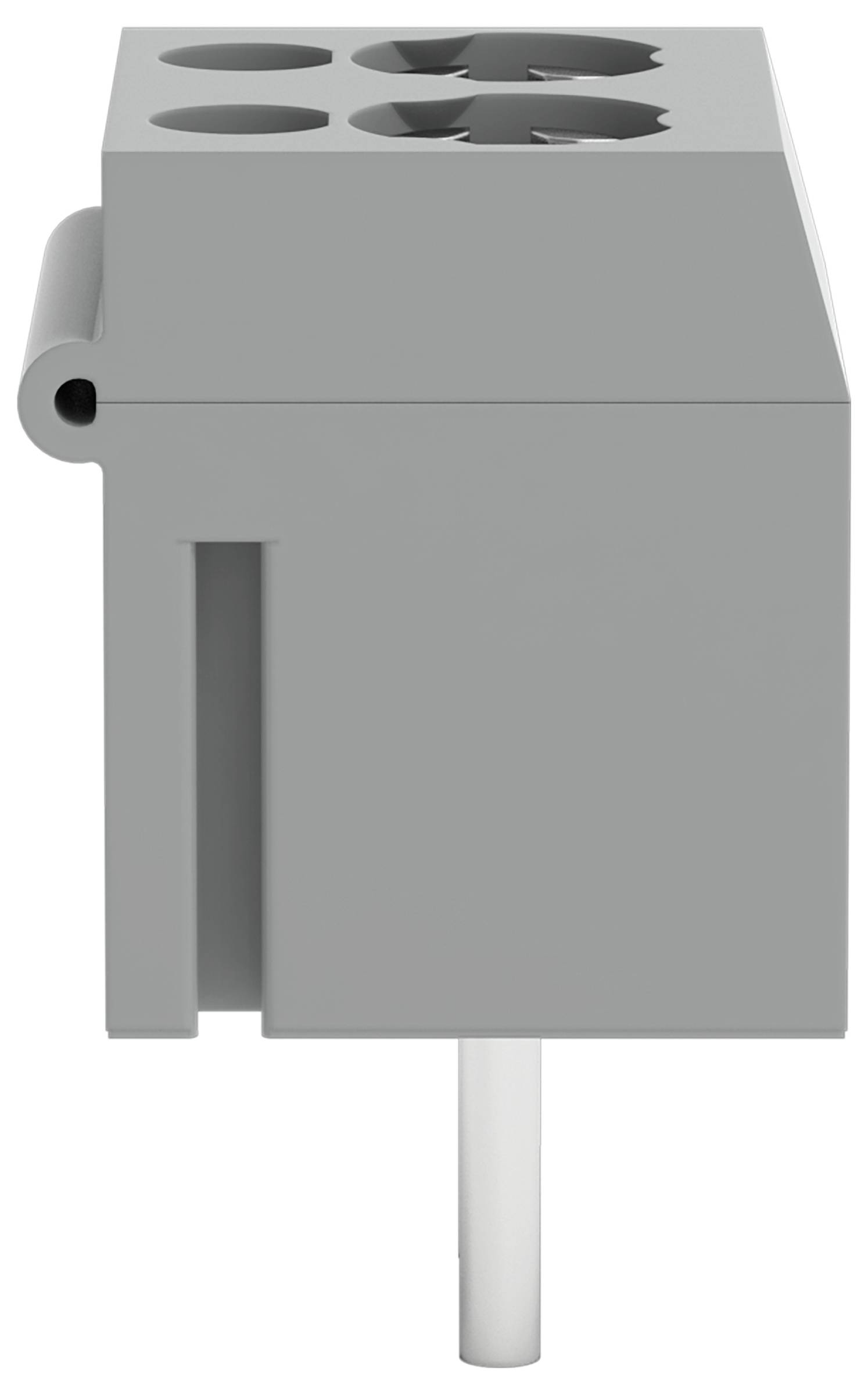 Ein grauer Kunststoffstecker mit vier kreisförmigen Buchsen oben und einem einzelnen vorstehenden Stift unten für elektrische Verbindungen.