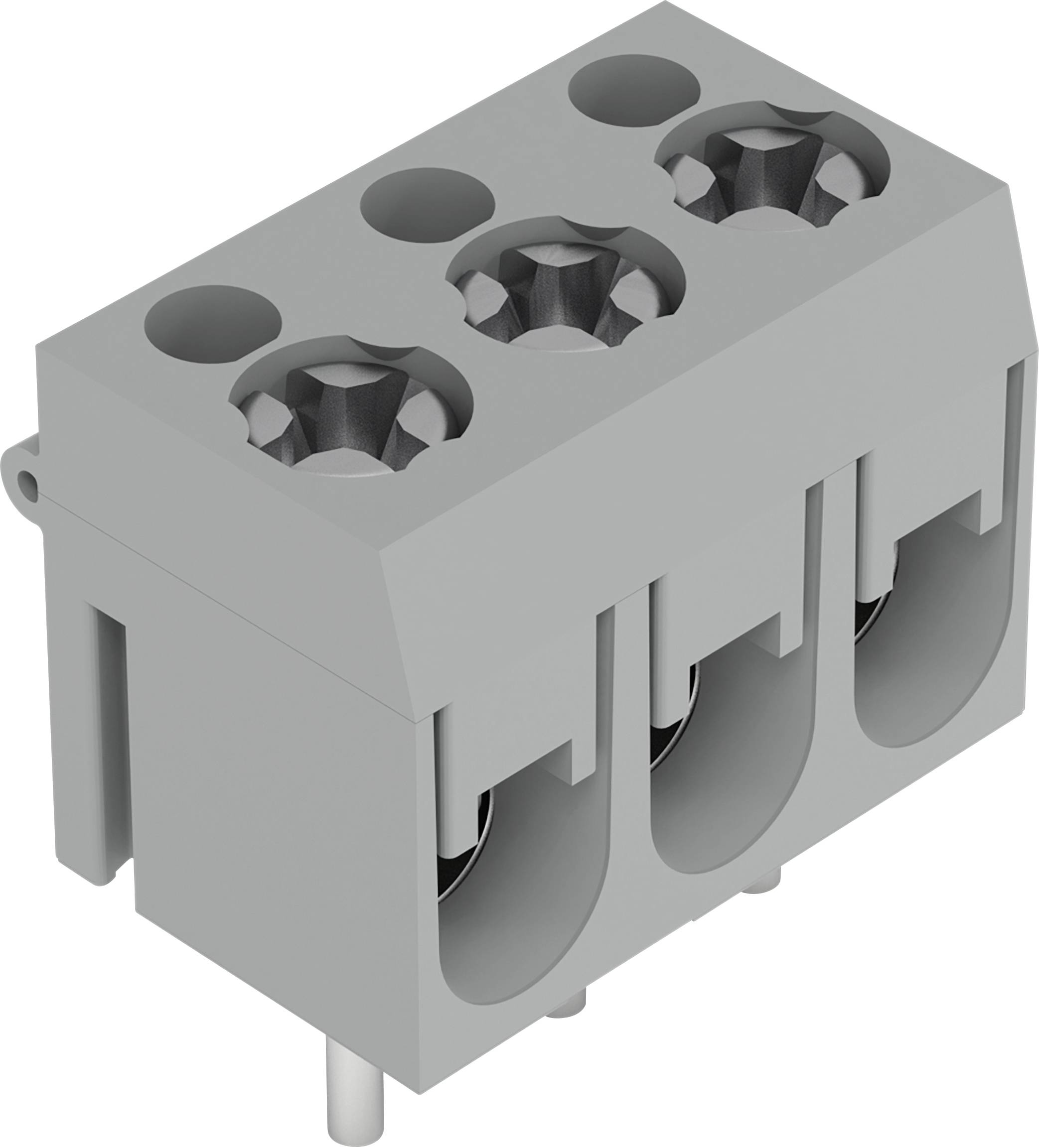 Ein dreipoliger, grauer Elektroklemmenblock mit Schraubverbindungen und Steckkontakten zur Schaltungsintegration.
