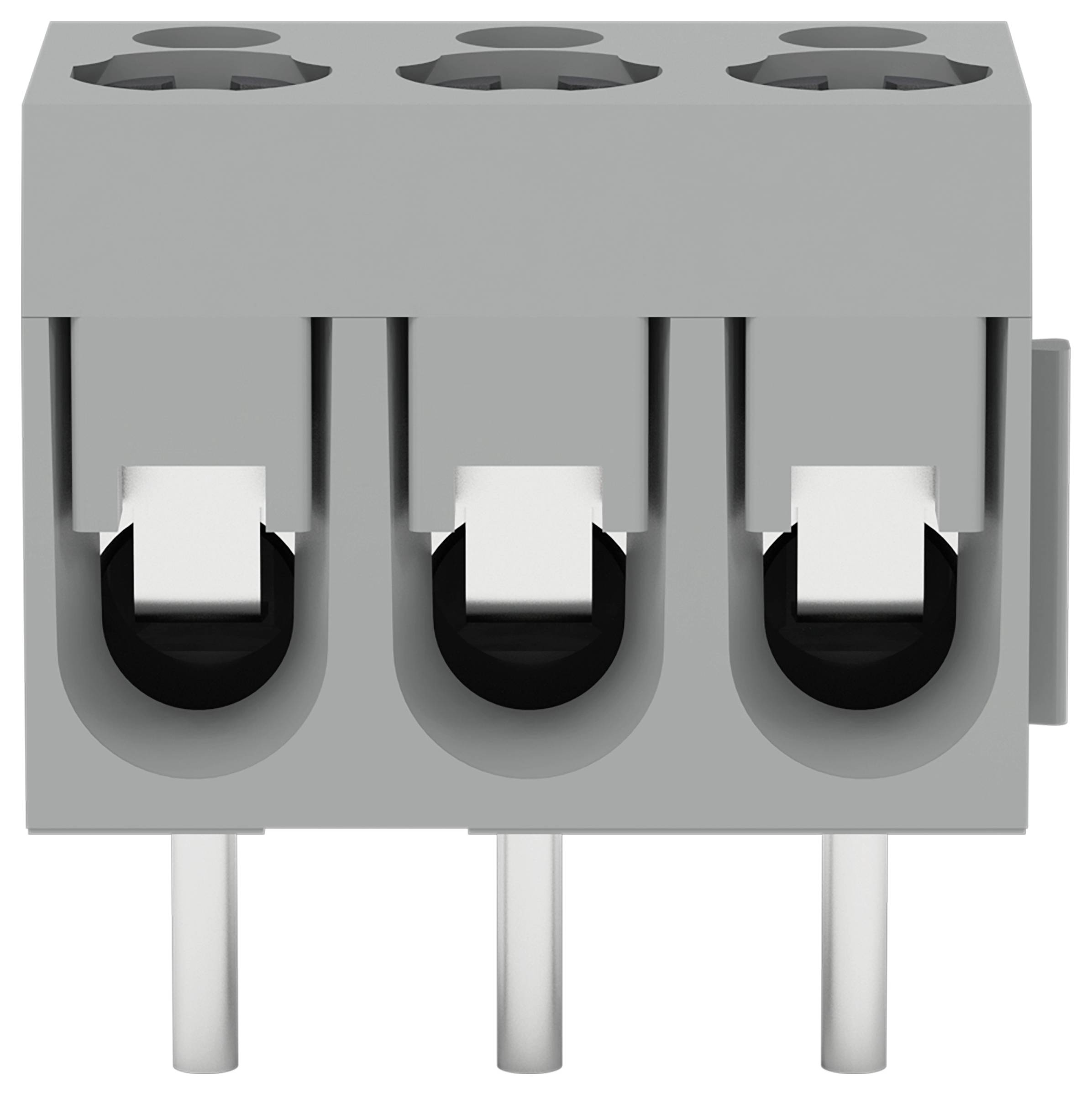 Ein grauer dreipoliger Klemmblock mit Schraubanschlüssen, von vorne betrachtet.