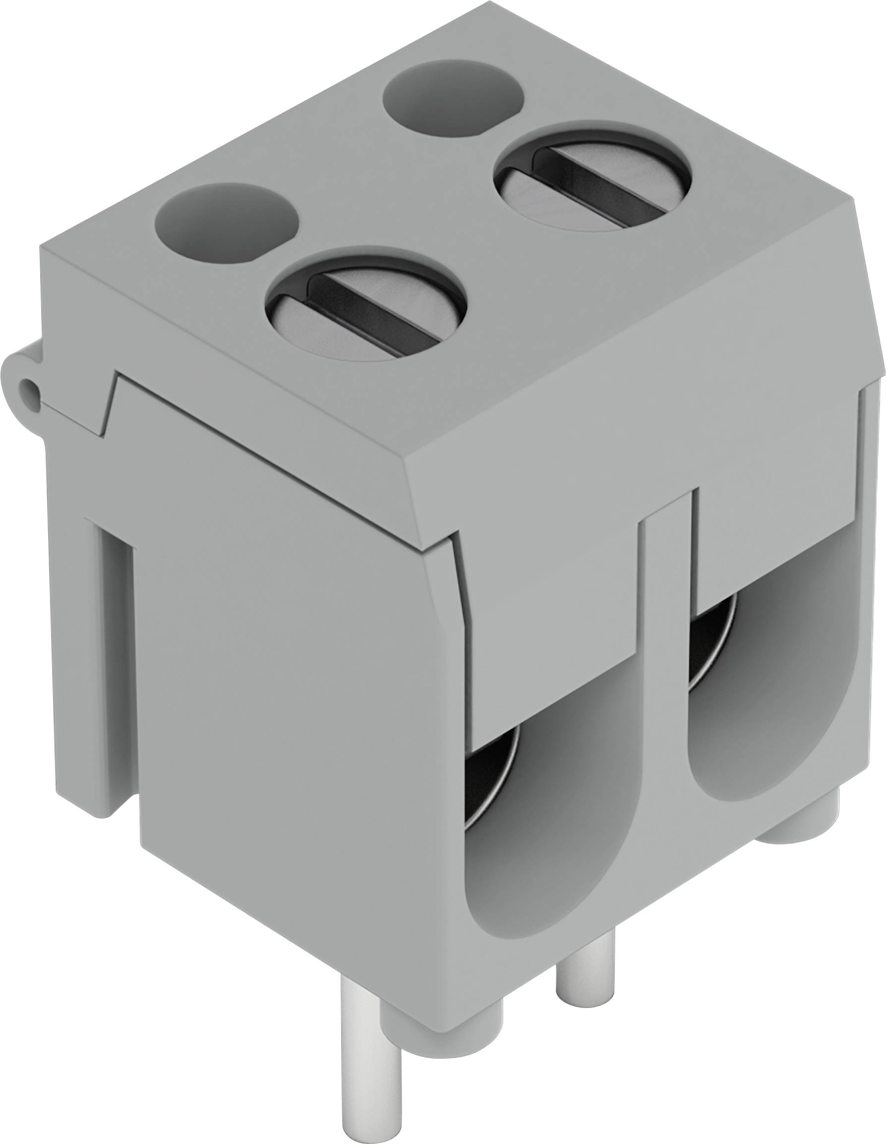 Ein grauer zweipoliger Klemmblockstecker mit doppelten runden Öffnungen, geeignet für elektronische Schaltverbindungen.