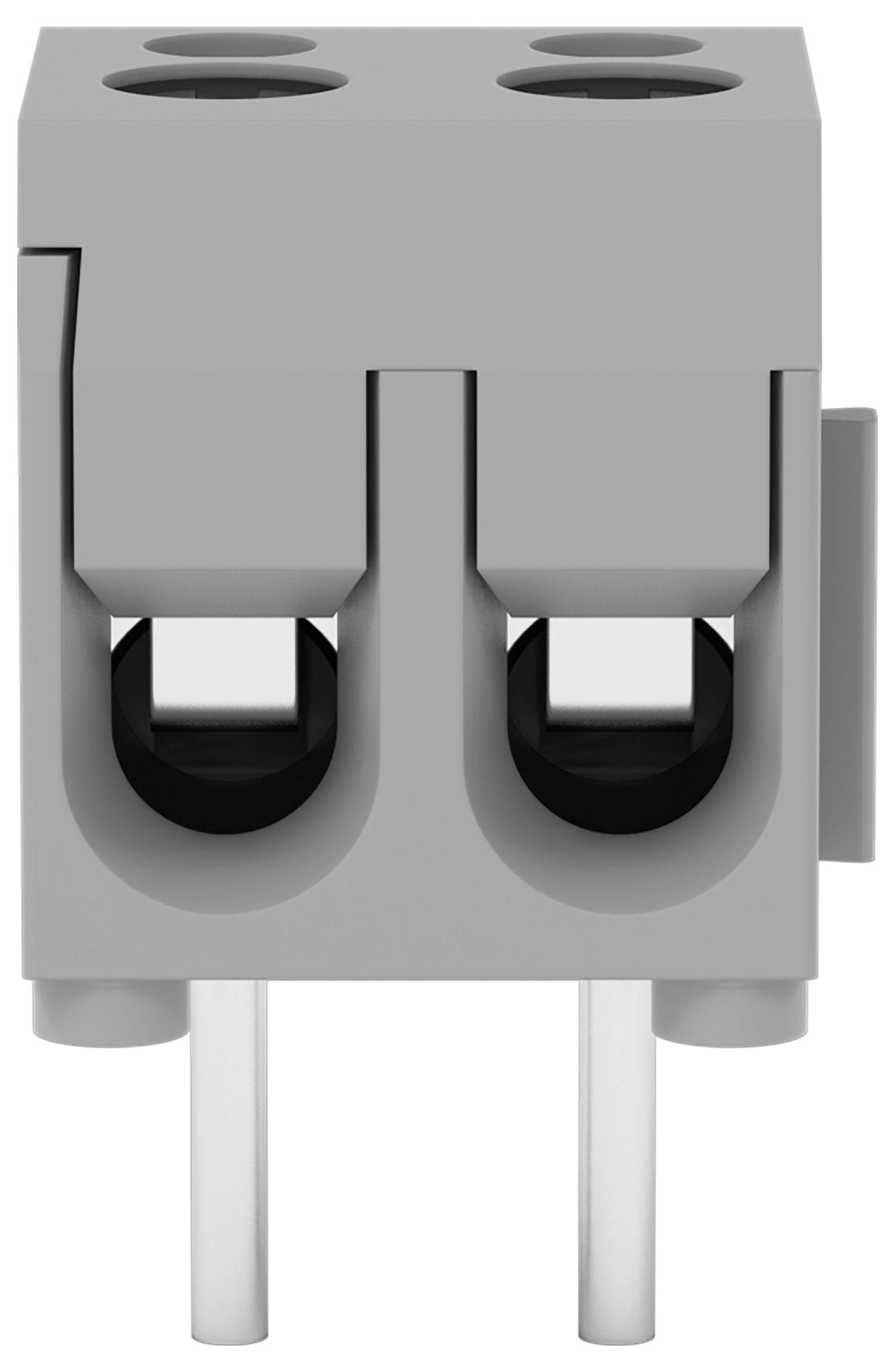 Ein graues Elektroklemmblock mit zwei Drahtschlitzen und Metallstiften für Verbindungen, das in elektrischen Schaltkreisen zur sicheren Verdrahtung verwendet wird.