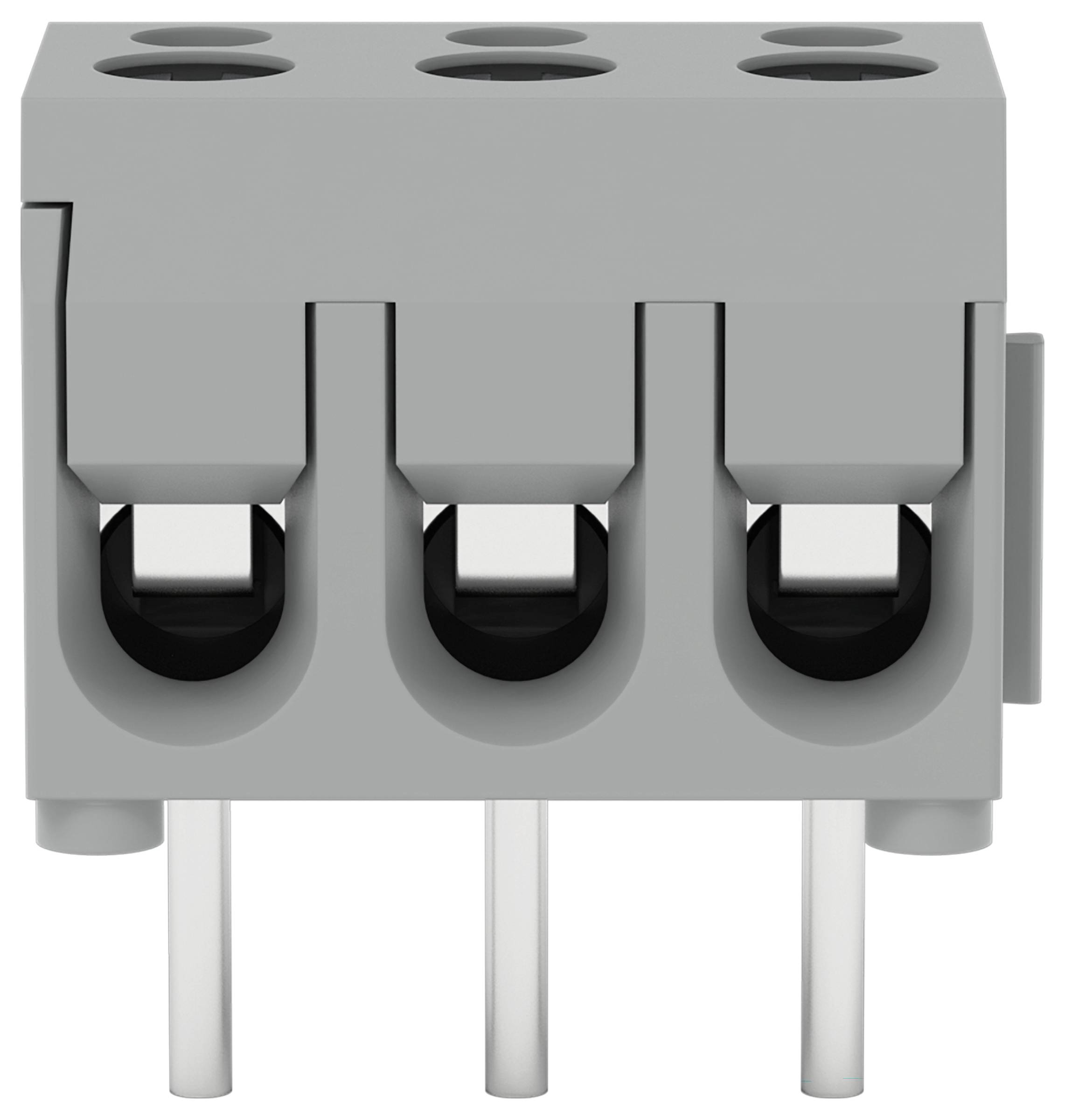 Ein grauer Klemmblock mit drei Verdrahtungsöffnungen und drei Metallstiften darunter für elektrische Verbindungen.