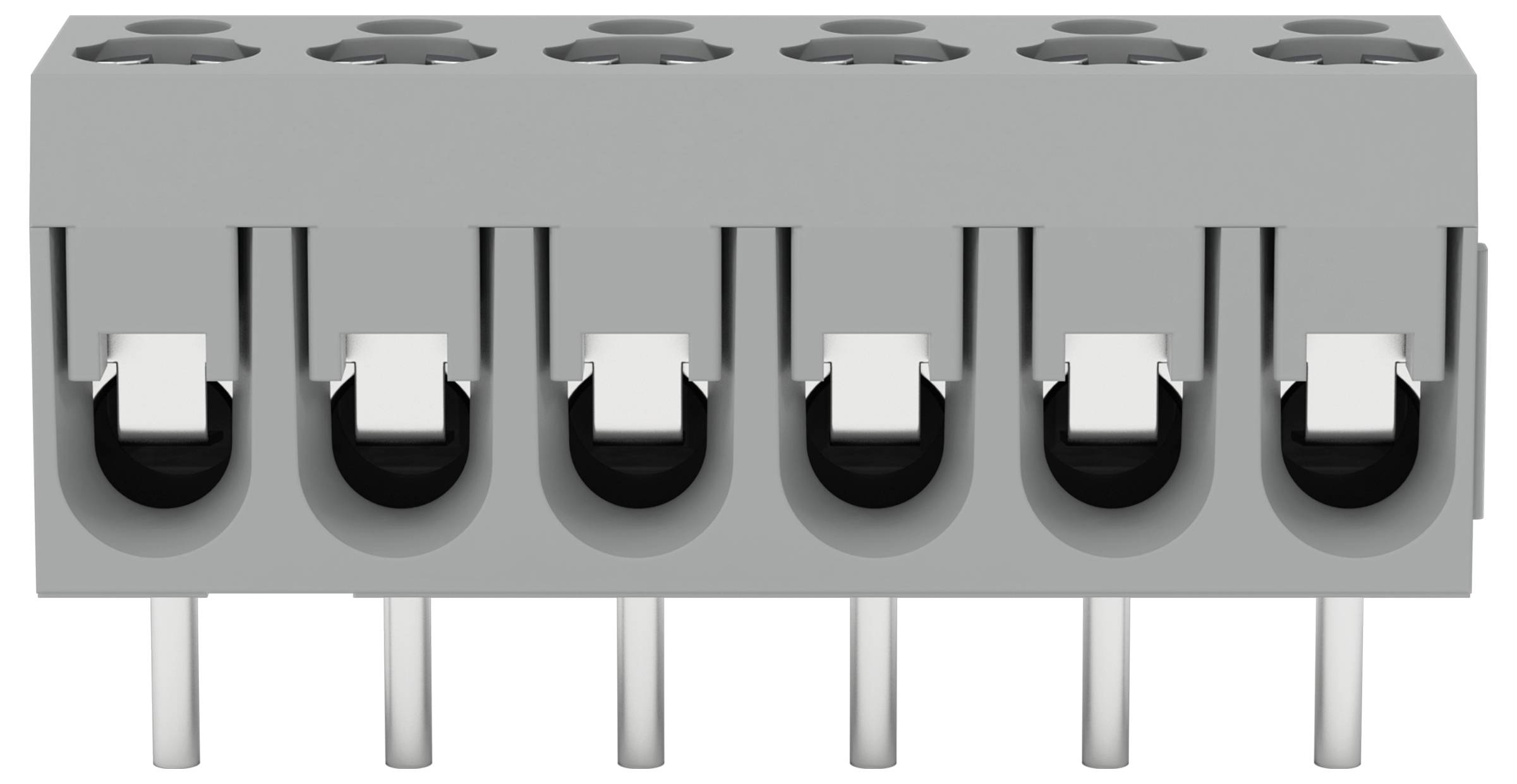 Ein grauer Klemmblock mit sechs Anschlussanschlüssen und Metallstiften, der zum Sichern und Organisieren mehrerer Drähte in einem Stromkreis verwendet wird.