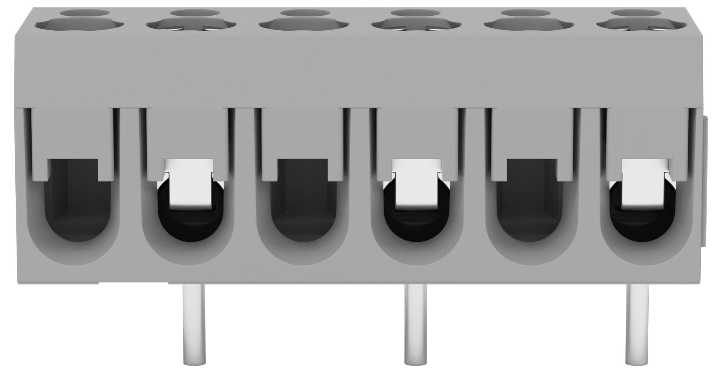 Ein grauer Elektrostecker mit fünf Anschlüssen und Metallstiften, die nach unten ragen.
