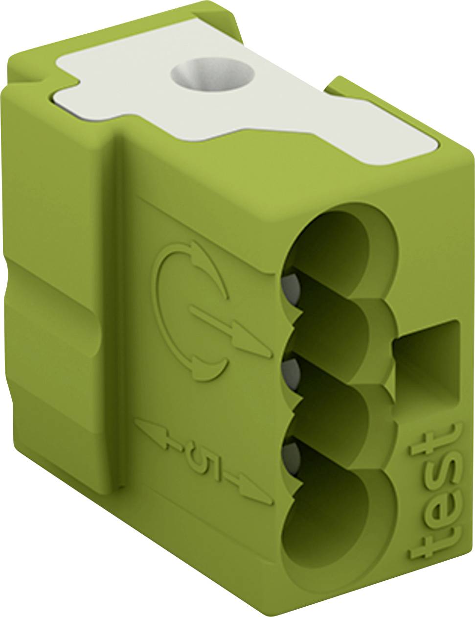 Ein grüner, rechteckiger Elektrosteckverbinder mit drei kreisförmigen Öffnungen und einem Pfeilsymbol. Das Wort 