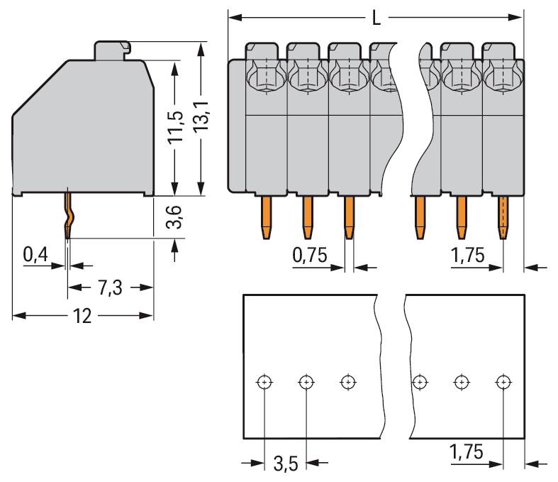 Illustration eines Elektrosteckers mit Abmessungen: 11,5 mm Höhe, 12 mm Breite, L Länge; Stiftabstand 3,5 mm horizontal.