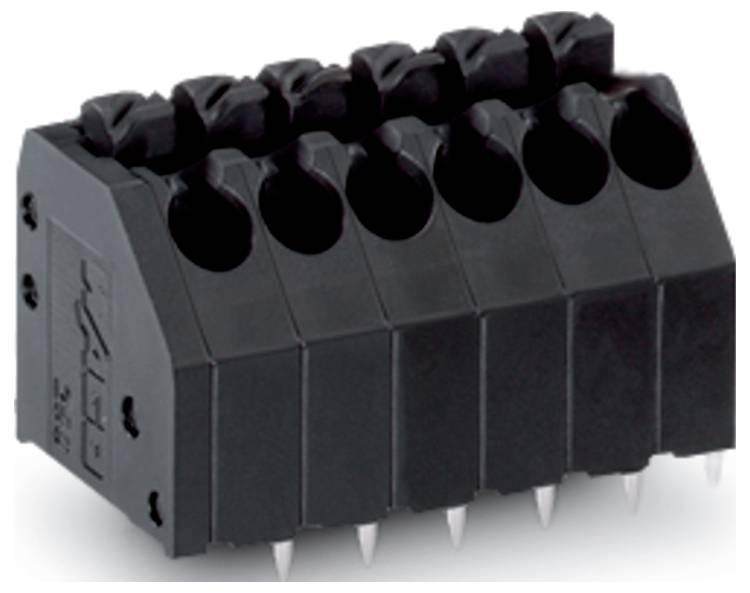 Schwarzer Elektroklemmenblock mit zehn Steckplätzen für Kabelverbindungen.