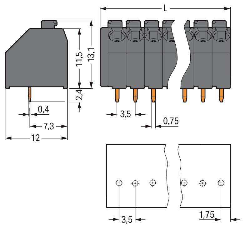 Diagramm eines elektrischen Steckers mit Abmessungen: 7,3 mm Breite, 13,1 mm Höhe, 11,5 mm, 3,5 mm und 1,75 mm Abstände detailliert dargestellt.
