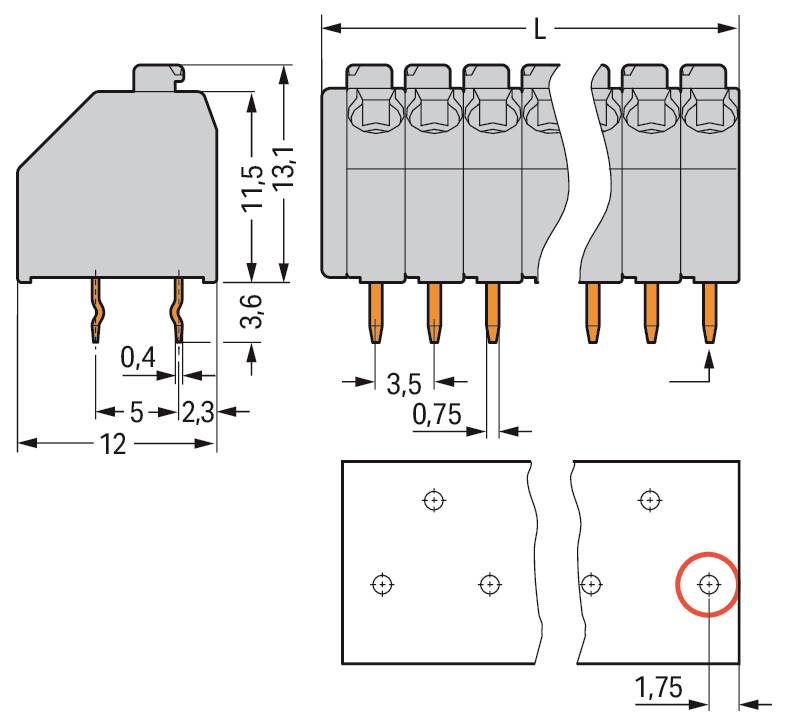 Technisches Diagramm eines fünfpoligen elektronischen Steckers mit beschrifteten Abmessungen: 13,1, 11,5, 12, 3,6, 2,3, 0,4, 3,5, 0,75, 1,75. Zeigt Montage und Pin-Anordnung.