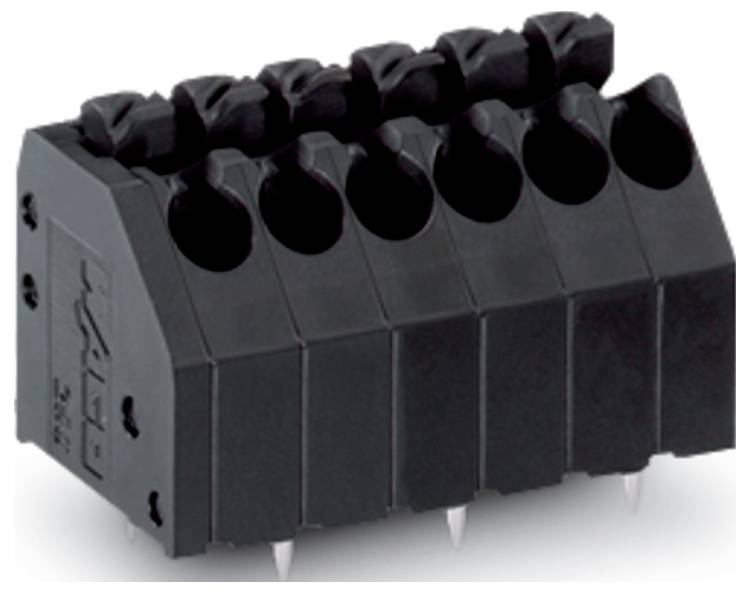 Bild eines schwarzen, sechspoligen PCB-Klemmblocks mit Schraubverbindern, entwickelt für elektrische Verbindungen auf Leiterplatten.
